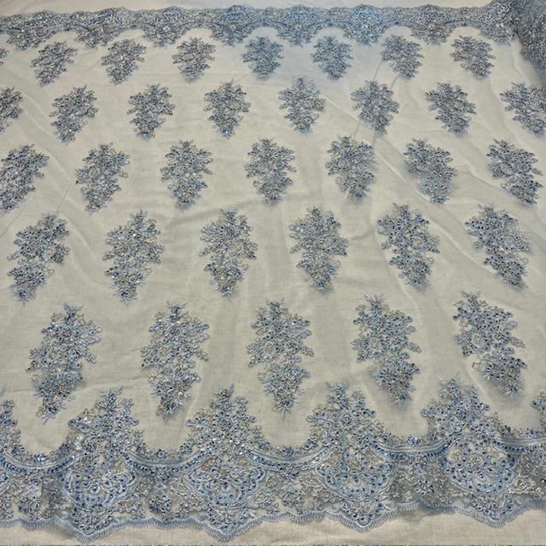 Baby Blue Floral Sequin Lace Fabric by the Yard, Heavy Embroidered ...