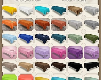 Puede incluir: Una carta de colores de manteles rectangulares con treinta muestras de tela distintas. El encabezado dice: RECTANGULAR TABLECLOTHS: AN ARRAY OF COLORS, PREMIUM QUALITY FABRICS, AVAILABLE IN 30 COLORS. Cada recuadro muestra un mantel de color sólido.
