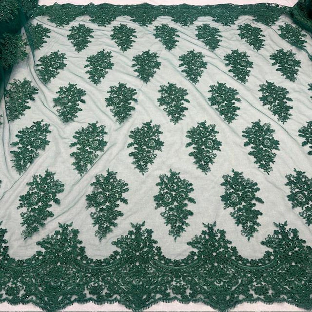 Hunter Green Floral Sequin Lace Fabric by the Yard, Heavy Embroidered ...