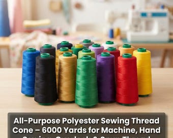 Cono de hilo de poliéster de 6000 yardas: hilo de coser duradero para máquina, manual, overlock y bordado.