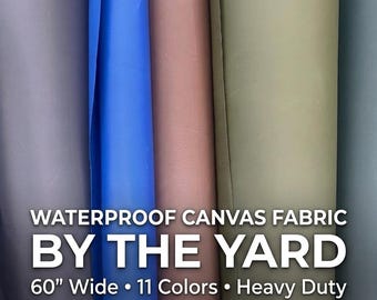 May include: Multiple rolls of heavy-duty waterproof canvas fabric in various solid colors including blue, brown, and olive green. Text on the image reads: WATERPROOF CANVAS FABRIC BY THE YARD, 60" Wide, 11 Colors, Heavy Duty, Water Resistant, Continuous Cut.