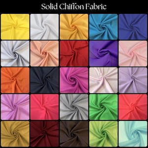 May include: A grid of swatches of solid chiffon fabric in various colors, including yellow, white, blue, red, and purple. The text "Solid Chiffon Fabric" is at the top of the image.