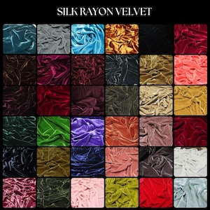 Puede incluir: Una cuadrícula de varias muestras de tela de terciopelo de seda y rayón en una variedad de colores. Los colores incluyen verde azulado, gris, azul, dorado, negro, burdeos, marrón, morado, verde, naranja y rosa. El texto "SILK RAYON VELVET" está en la parte superior.