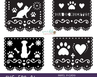 May include: Four black papel picado banners with white cut-out designs. One features a cat, paw prints, and a heart. Another says "DIA DE MUERTOS" with paw prints and hearts. The third shows a dog, bones, and flowers. The last has paw prints, a heart, and a cross.