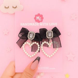 Heart Pearl Earrings with Black Bow | Cute Girly Statement Jewelry | Elegant Gift for Her | valentine&#39;s day | romantic accessories