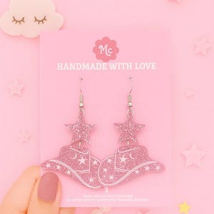 Pink Glitter Cowboy Hat Earrings: Western Cowgirl Statement Jewelry