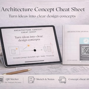 May include: A digital tablet and a white journal with the text "Architecture Concept Cheat Sheet" and "Architecture Journal". A pen and a QR code sticker are also visible. The tablet displays design concepts.