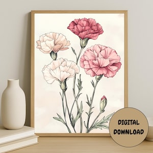 Carnation Printable Wall Art, Vintage Flower Artwork for Home Decor, Digital Floral Botanical Carnation Illustration, Digital Download