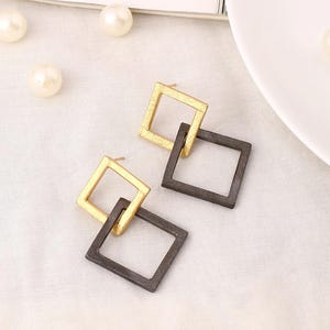 Long Black Gold Drop Earrings 18K Gold Geometric Double Square Dangle Antique Design Dressy Earrings Women&#39;s Party Wear Statement Jewelry