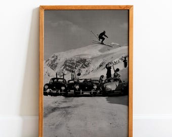 Black and White Skiing Poster: Retro Apres Ski Bar Cart Wall Art