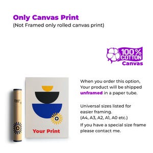 May include: A canvas print with a geometric design in yellow, black, and blue, labeled "Your Print." The print is displayed next to a rolled paper tube. Text on the image reads "Only Canvas Print" and "100% Cotton Canvas."