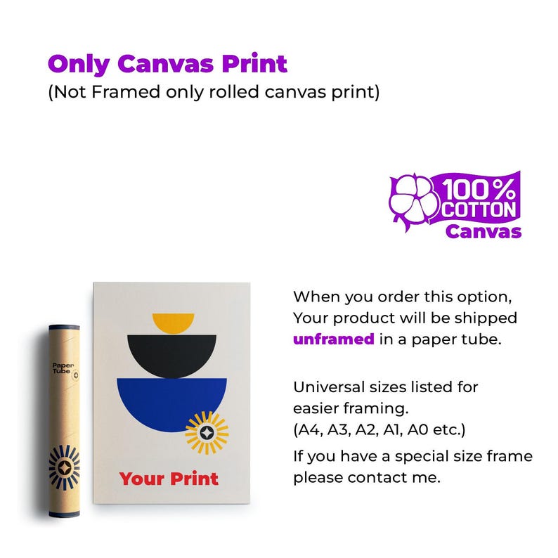 May include: A canvas print with a geometric design in yellow, black, and blue, labeled "Your Print." The print is displayed next to a rolled paper tube. Text on the image reads "Only Canvas Print" and "100% Cotton Canvas."