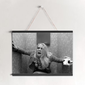 Può includere: Stampa incorniciata in bianco e nero di una donna in un bagno, che appare spaventata mentre tiene in mano un rotolo di carta igienica. La stampa è sospesa da una corda.