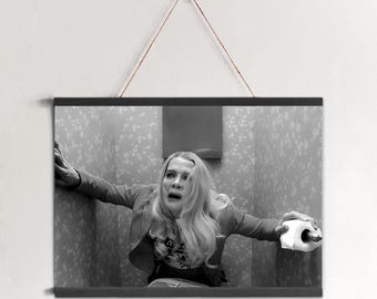 May include: Black and white framed print of a woman in a bathroom, appearing frightened while holding a roll of toilet paper. The print is suspended by a string.