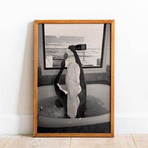 Woman Drinking Champain Bathtub Print, Bar Cart Poster, Black and White, Printable Bathroom Wall Art, Girl Bathroom Decor