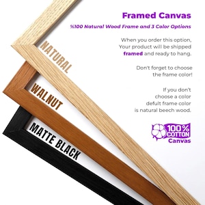 May include: Framed canvas options with three frame colors: natural, walnut, and matte black. The image shows a close-up of the frame corners, highlighting the wood grain and texture. The text indicates the canvas is 100% cotton.