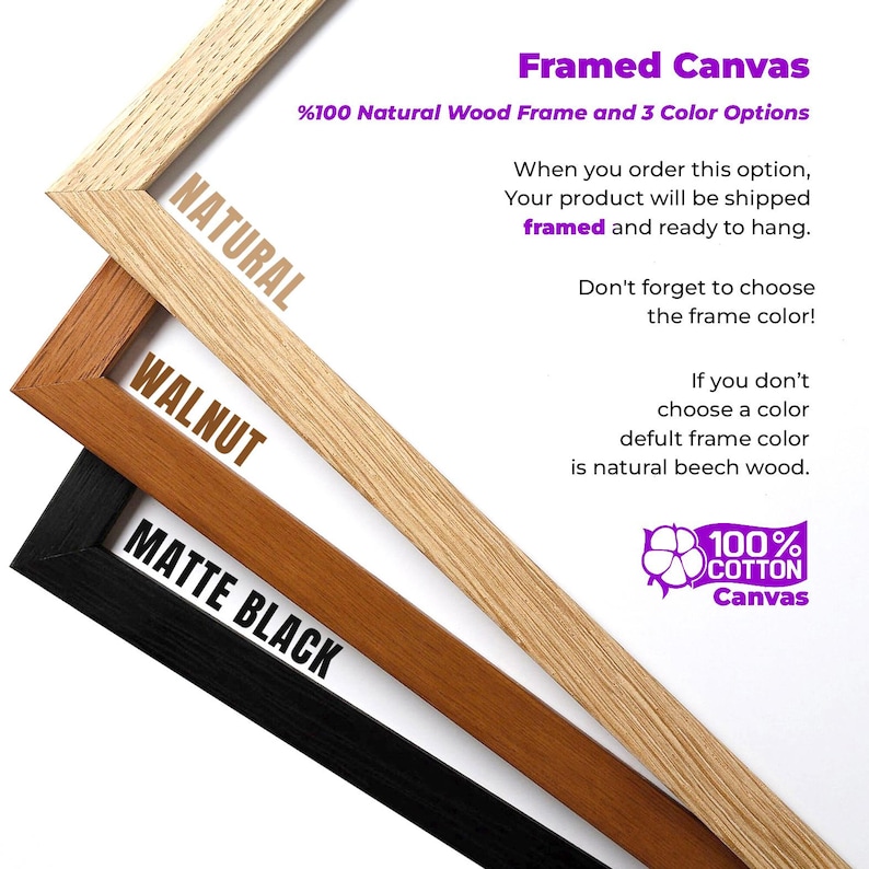 May include: Framed canvas options with three frame colors: natural, walnut, and matte black. The image shows a close-up of the frame corners, highlighting the wood grain and texture. The text indicates the canvas is 100% cotton.