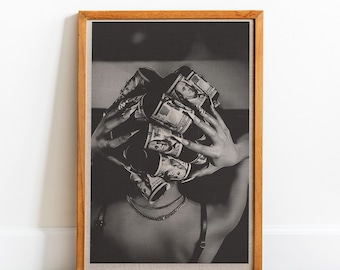 Woman with Money on Head Print, Luxury Fashion Black and White Wall Art, Vintage Print, Photography Prints, Museum Quality Photo Art Print