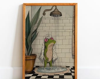 Humorous Frog Shower Art: Funny Bathroom Decor, Amphibian Print