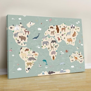 Kid&#39;s Animal Map - Educational World Map For Kids Room - Nursery Map - Nursery Wall Decor - Nursery Tapestry