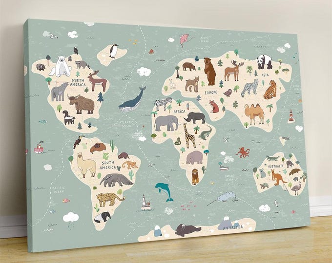Kids Animal World Map: Educational Nursery Wall Decor, Cotton Canvas