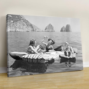 Funny Women Eating Pasta Print: Vintage Lake Picnic Poster
