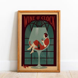 Vintage wijnposter, It's Wine O'clock posterprint, wijnkaart afdrukbare kunst, print wijnsoorten, minimalistische wijnillustratie