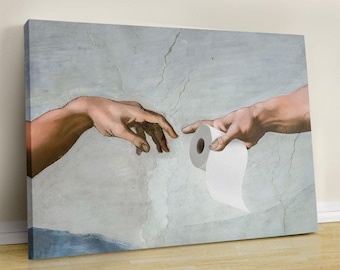 Funny Bathroom Canvas Art: Michelangelo Toilet Paper Parody Print