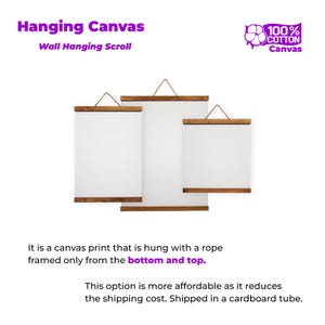 May include: Three white canvas prints with wooden frames, hanging from a rope. The text "Hanging Canvas" and "Wall Hanging Scroll" are at the top. The prints are framed at the top and bottom.