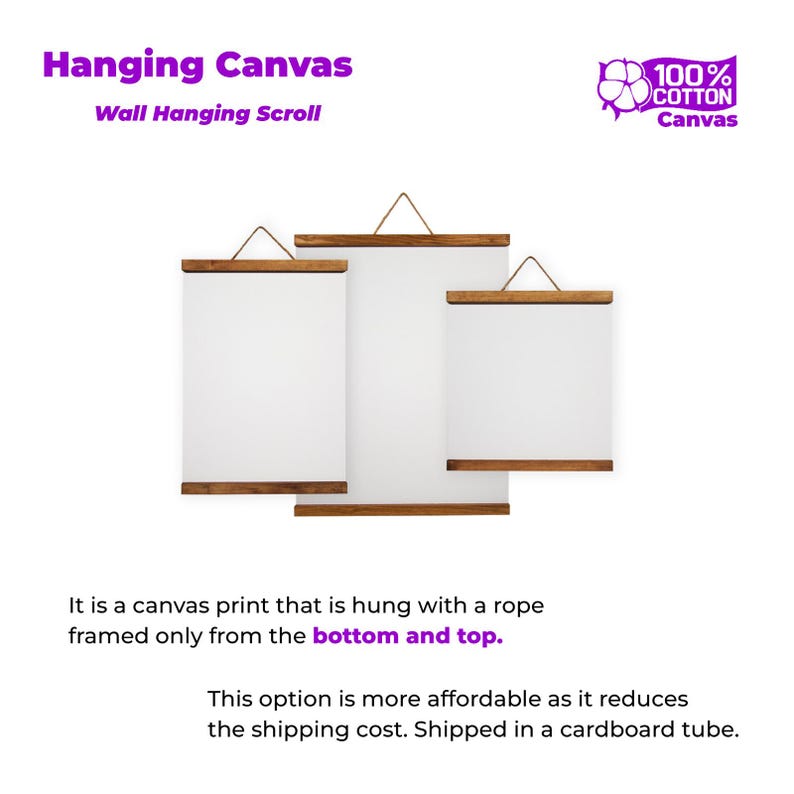May include: Three white canvas prints with wooden frames, hanging from a rope. The text "Hanging Canvas" and "Wall Hanging Scroll" are at the top. The prints are framed at the top and bottom.