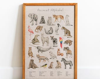 Woodland Themed Nursery Alphabet Print with Forest Animals, Educational Kids Posters, Montessori Wall Art