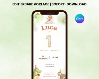 Digital Einladung 1. Geburtstag, personalisierte Kindergeburtstag Karte mit Foto, Dschungel Tiere Geburtstagseinladung, Canva Vorlage