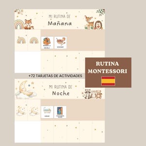 Puede incluir: Un gráfico de rutina Montessori beige con ilustraciones de animales y texto en español. El gráfico está dividido en secciones de mañana y noche, con tarjetas de actividades. El texto incluye "Mi Rutina de Mañana" y "Mi Rutina de Noche".