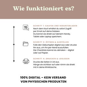 Peut inclure: Visuel beige avec du texte allemand expliquant comment utiliser un produit num&eacute;rique. Les instructions incluent le t&eacute;l&eacute;chargement, l'ouverture, le remplissage et l'impression. Le visuel indique "100% DIGITAL - KEIN VERSAND VON PHYSISCHEN PRODUKTEN."