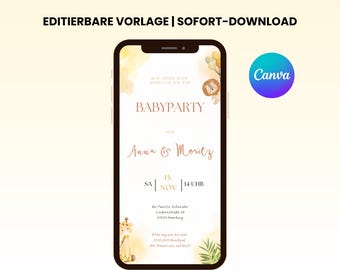 Babyparty Einladung Safari geschlechtsneutral | Digital Canva Vorlage | Baby Shower Karte zum Bearbeiten | Sofort-Download WhatsApp & Druck