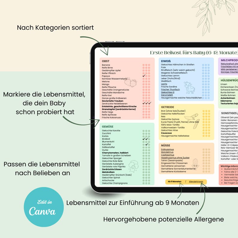 Puede incluir: Una tableta digital muestra una tabla de alimentos para beb&eacute;s, categorizada por grupos de alimentos como frutas, verduras y prote&iacute;nas. El texto incluye "Primeros alimentos para beb&eacute;s (6-12 meses)" y "Alimentos para introducir a partir de 9 meses". Logo Canva.