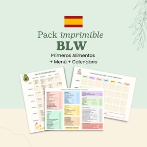 Op de afbeelding: Een printbaar BLW-pakket met de Spaanse vlag, met een wekelijks babymenu, een lijst met eerste voedingsmiddelen en een voedselintroductiekalender. Het pakket bevat kleurrijke schema's en lijsten voor maaltijdplanning.