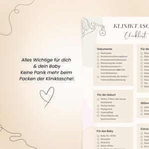 Peut inclure: Une liste de contr&ocirc;le pour un sac de maternit&eacute;, avec une illustration de cigogne portant un b&eacute;b&eacute;. Le texte comprend "Tout ce qui est important pour vous et votre b&eacute;b&eacute;" et une liste d'articles &agrave; emporter.