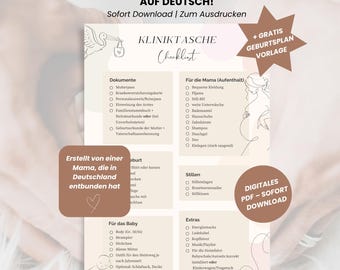 Geburtsplan & Hospital Bad Checklist Set (Deutsch, A4) | Editierbar, PDF und Canva Vorlage zum Ausdrucken