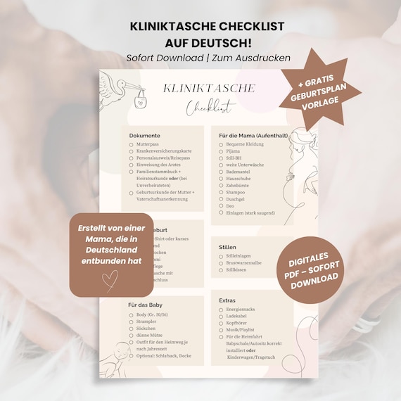 Geburtsplan & Hospital Bad Checkliste Set (Deutsch, A4) | Editierbar, PDF und Canva Vorlage zum Ausdrucken