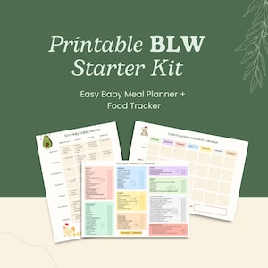 Puede incluir: Un kit de inicio BLW imprimible con un fondo verde. El kit incluye un menú semanal para bebés y un calendario de introducción de alimentos sólidos. El texto de la imagen dice "Printable BLW Starter Kit" y "Easy Baby Meal Planner + Food Tracker."