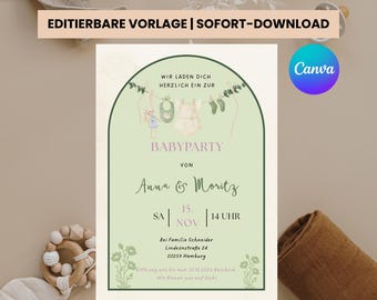 Babyparty Einladung Boho geschlechtsneutral | Digital Canva Vorlage | Baby Shower Karte Vintage | Sofort-Download WhatsApp & Druck