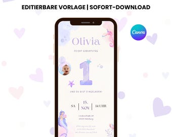 Digitale kinderdagverblijf, personaliseerbare kaart met foto, kinderfeestje 1. Feestdag, Canva Vorlage