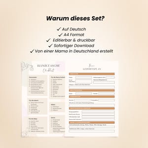 Peut inclure: Un ensemble imprimable de liste de contr&ocirc;le et de plan de naissance en allemand. Les documents comprennent des sections pour le b&eacute;b&eacute;, la m&egrave;re et la naissance. Le texte comprend "Kliniktasche Checklist" et "Geburtsplan".