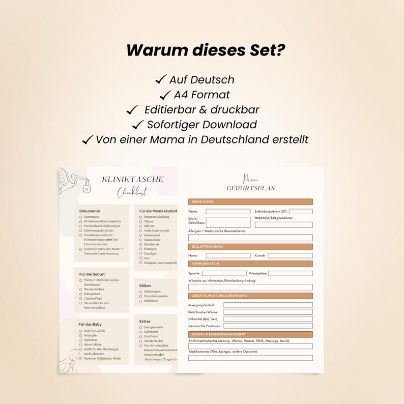 Peut inclure: Un ensemble imprimable de liste de contr&ocirc;le et de plan de naissance en allemand. Les documents comprennent des sections pour le b&eacute;b&eacute;, la m&egrave;re et la naissance. Le texte comprend "Kliniktasche Checklist" et "Geburtsplan".
