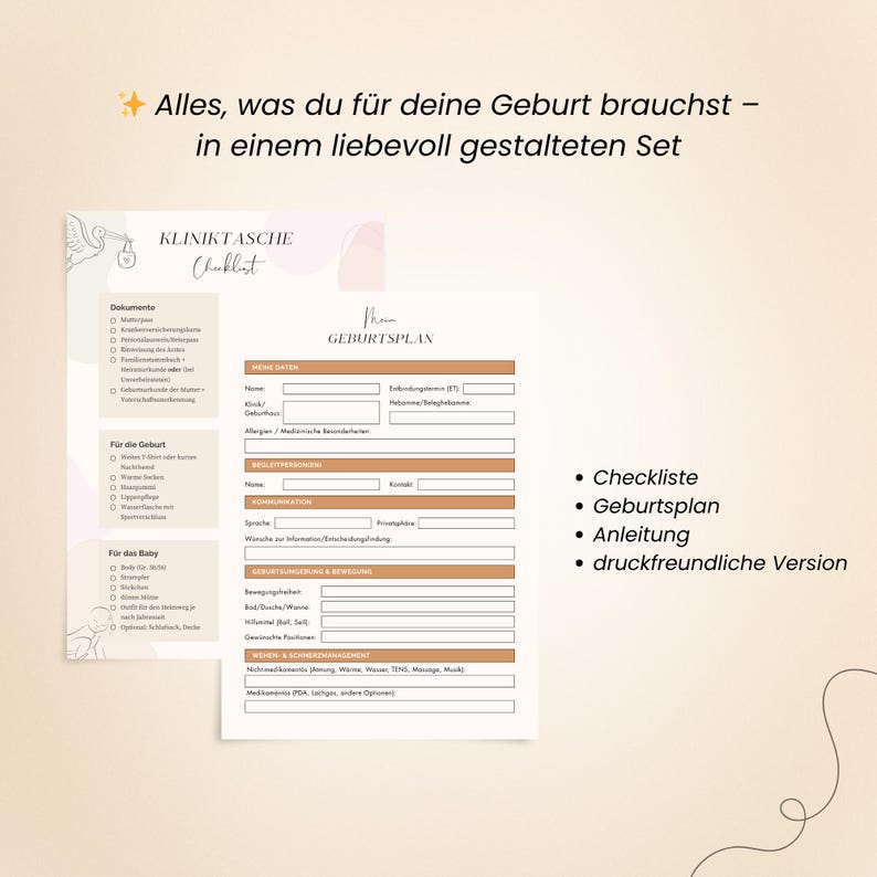 Peut inclure: Un ensemble de plan de naissance beige et blanc avec une liste de contr&ocirc;le, un plan de naissance, des instructions et une version imprimable. Le texte comprend "Alles, was du f&uuml;r deine Geburt brauchst - in einem liebevoll gestalteten Set."