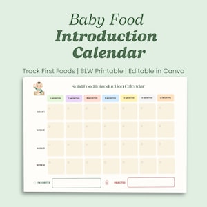 Puede incluir: Un calendario imprimible de introducción de alimentos para bebés con el texto "Baby Food Introduction Calendar". El calendario está diseñado para rastrear los primeros alimentos y es editable en Canva. Incluye secciones para semanas y meses.