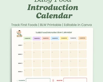 Baby Food Introduction Calendar | Solid Foods Tracker for BLW | Editable Printable for Parents