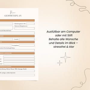 Peut inclure: Un mod&egrave;le de projet de naissance en allemand, avec des sections pour les informations m&eacute;dicales et les pr&eacute;f&eacute;rences personnelles. Le document est blanc avec des accents marron. Le texte dit "Remplissable sur ordinateur ou avec un stylo."