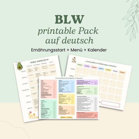 Download-Paket BLW auf Deutsch | Baby Led Weaning Planer | Lebensmittel-Liste, Kalender, Checkliste & anpassbares Menü in Canva